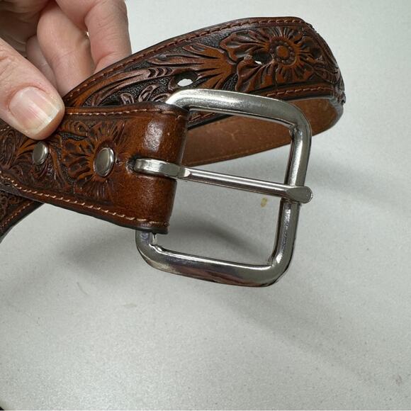 Nocona Tooled Brown Leather Belt Western Unisex 22 Floral Boho Silver Hardwear - Picture 8 of 10